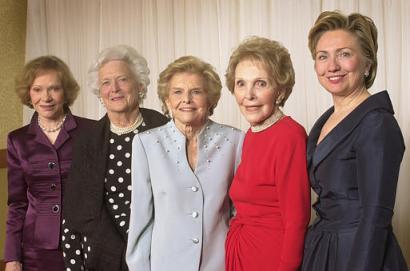 Five former first ladies gather for a group photo at a gala 20th anniversary fundraising event saluting Betty Ford and the Betty Ford Center Friday, Jan. 17, 2003, in Indian Wells, Calif. From 
left are Rosalynn Carter, Barbara Bush, Betty Ford, Nancy Reagan and Sen. Hillary Rodham Clinton. resident and Mrs. George W. Bush sent a videotaped tribute. Some 600 guests raised $1.6 million 
for financial assistance for patients who cannot afford to pay for treatment. Photo by Reed Saxon