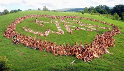 More than 750 women lie nude on a hillside at Byron Bayon, on the New South Wales north coast about 200 km (124 miles) south of Brisbane, in the shape of a heart with 'no war' spelled inside on February 8, 2003. The women are urging Australian Prime Minister John Howard not to follow U.S. President George Bush into a war with Iraq. Photo by Peter Carrette