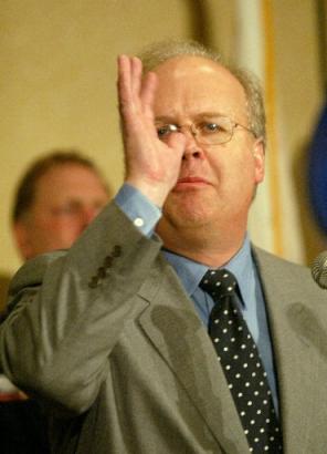 Karl Rove, special advisor to resident Bush, gestures with his hand during a speech saying that Sen. John Kerry thumbed his nose to U.S. troops in Iraq at a political rally in Irvine, Calif., on Thursday, July 15, 2004. Photo byFrancis Specker