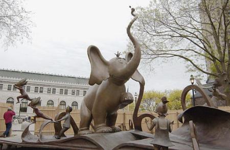 The sculpture of the Dr. Seuss character, Horton the elephant, part of the Dr. Seuss National Memorial outside the Springfield, Mass., Library and Museum, is seen Thursday, May 9, 2002, prior to being covered for the upcoming unveiling of the new sculpture park honoring the Springfield native and Dr. Seuss story creator, Theodor Geisel.