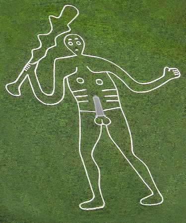 A six-metre sheath has been placed on the Cerne Abas Giant in the middle of the night, a 60 metre fertility symbol cut into the hillside in southern England, August 5, 2002