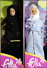 The very popular Fulla doll is sold in the Middle East wearing either a black abaya or a white head scarf and long coat. Under these modest coverings, the dolls wear fashionable dresses.