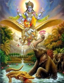 Lord Vishnu on Garuda saves Gagendra the elephant