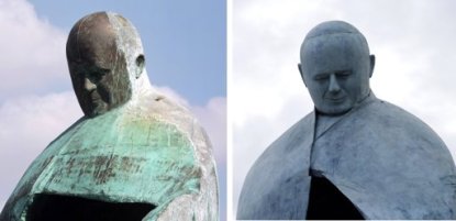 This combined picture shows Italian sculptor Oliviero Rainaldi's statue of Pope John Paul II before its restoration, left, on Sept. 23, 2011, and at its inauguration after the restoration, in Rome, Monday, Nov. 19, 2012. Photo by Gregorio Borgia