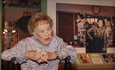 Chef Julia Child talks to reporters at the opening of her kitchen exhibition at the Smithsonian's National Museum of American History in Washington, Monday, Aug. 19, 2002. Child donated her entire kitchen to the institution after deciding to move to California, from her Cambridge, Mass., home. Child became an official part of the national heritage on Monday, belatedly celebrating her 90th birthday at the opening Photo by Dennis Cook