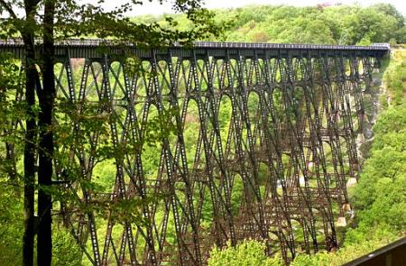 The Kinzua Viaduct, once the tallest and longest railroad bridge in the world, stands closed to even pedestrian traffic Sept. 25, 2002, in Mount Jewett, Pa. Without repairs, it may someday be only a memory. Engineers are struggling to find a way to shore up the bridge which remains the fourth-tallest railroad bridge in the nation. Photo by Gene J. Puskar