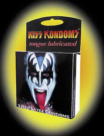 Available online and coming soon to record stores and specialty gift shops near you are Kiss Kondoms, a line of contraceptives with members of the outrageous, face-painted rock band Kiss on the packaging. Billed as 'Rock 'N' Rubbers,' the first in the series are bright red latex condoms labeled 'Tongue Lubricated.