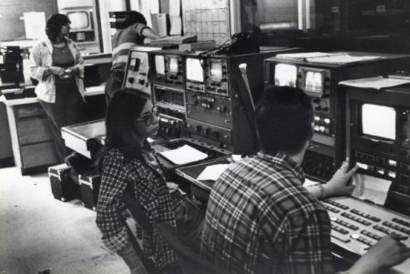 Pat, Mike, Marty & Stan - KTVA, channel 11, Anchorage, AK - 1979 - State of the art Master Control.  Photo courtesy Rich 'Cheech' Marino