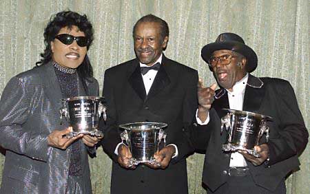 Rock and Roll pioneers (L-R) Little Richard, Chuck Berry and Bo Diddley pose with the inaugural BMI Icon Award which they received for their influence on generations of musicians at the 50th annual BMI Pop Awards May 14, 2002 in Beverly Hills. Photo by Fred Prouser