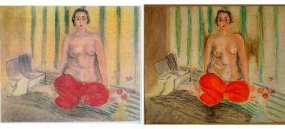 The original painting by Henri Matisse titled 'Odalisque in Pants,' left, is seen next to a fake version, that was on display in the Sofia Imber Contemporary Art Museum of Caracas, Venezuela, Thursday, Jan. 30, 2003. Who, how and when the painting was replaced with a replica are questions still stumping the Venezuelan art museum, Interpol, the FBI and police in France and Spain, two countries where investigators believe the genuine painting could be now. The Caracas museum bought it in 1981.