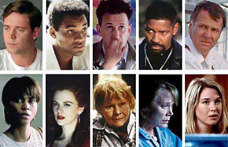 (L-R) Russell Crowe in 'A Beautiful Mind,' Will Smith in 'Ali,' Sean Penn in 'I Am Sam,' Denzel Washington in 'Training Day' and Tom Wilkinson in 'In The Bedroom.' (L-R) Halle Berry in 'Monster's Ball,' Nicole Kidman in 'Moulin Rouge,' Judi Dench in 'Iris,' Sissy Spacek in 'In The Bedroom' and Rene Zellweger in 'Bridget Jones's Diary.'