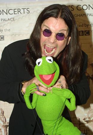 Ozzy Osbourne and Kermit the frog are shown backstage in the gardens of Buckingham Palace Monday June 3, 2002, for the second concert to commemorate the Golden Jubilee of Britain's Queen Elizabeth II. Photo by Peter Jordan