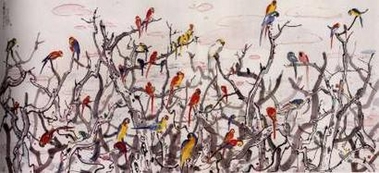 A photocopy of a colour ink painting depicting 40 parrots on trees by Chinese artist Wu Guanzhong which was sold for 30 million yuan (US$3.7 million) on November 7, 2005. The price set a world record for contemporary Chinese art work.