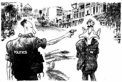 The Secret Service is studying a pro-Bush cartoon in the Los Angeles Times, showing the president with a gun to his head, as a possible threat, U.S. officials said July 21, 2003. Cartoonist Michael Ramirez said the drawing, which ran in Sunday's paper, was only meant to call attention to the unjust 'political assassination' of Bush over his Iraq policy. The background of the drawing is a cityscape labeled 'Iraq.'
