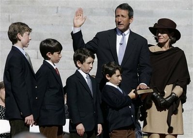 In a Wednesday, Jan. 10, 2007 file photo, South Carolina Gov. Mark Sanford takes the oath of office for a second term with his wife Jenny and sons, from the left; Marshall III; Landon; Bolton and Blake, during inaugural ceremonies at the Statehouse in Columbia, S.C.
Photo by Mary Ann Chastain