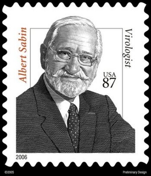 This image released by the U.S. Postal Service shows a postage stamp of Dr. Albert Sabin. Postage stamps honoring the pioneers of the polio vaccine, both Drs. Jonas Salk and Albert Sabin, will be issued by the U.S. Postal Service on Wednesday, March 8, 2006. Salk will be honored with a 63-cent stamp and Sabin an 87-cent stamp. The stamps are designed to cover postage for two- and three-ounce letters.