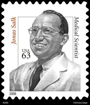 This image released by the U.S. Postal Service shows a postage stamp of Dr. Jonas Salk. Postage stamps honoring the pioneers of the polio vaccine, both Drs. Jonas Salk and Albert Sabin, will be issued by the U.S. Postal Service on Wednesday, March 8, 2006. Salk will be honored with a 63-cent stamp and Sabin an 87-cent stamp. The stamps are designed to cover postage for two- and three-ounce letters.