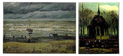 These are handout photographs of Vincent Van Gogh's paintings titled ' View of the sea at Scheveningen', left, and 'Congregation leaving the Reformed church in Nuenen' which were stolen from the Van Gogh Museum in Amsterdam, Saturday, Dec 7 2002. The value of the paintings was not immediatelly known.